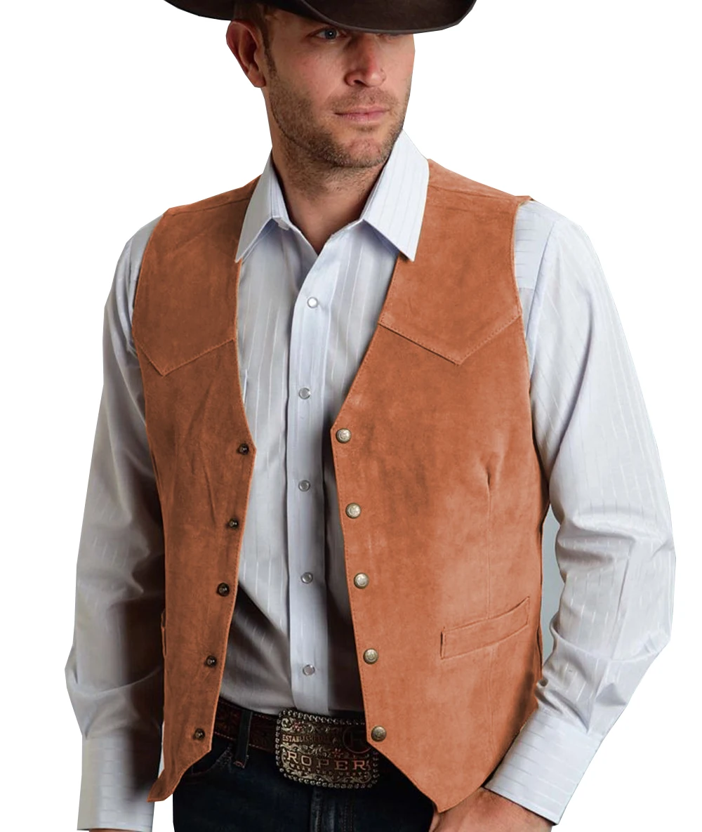 Men Vest Gold Suede Leather Gentleman Business Waistcoat Vintage Western Cowboy Regular Slim Business Banquet Men Suit Vest