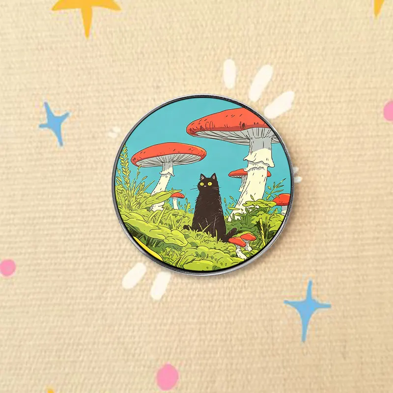 Mystical Forest Black Cat UV Printing Pin Giant Red Mushroom Scene Brooch Lapel Badge Jewelry Gift for Fantasy Art Lover