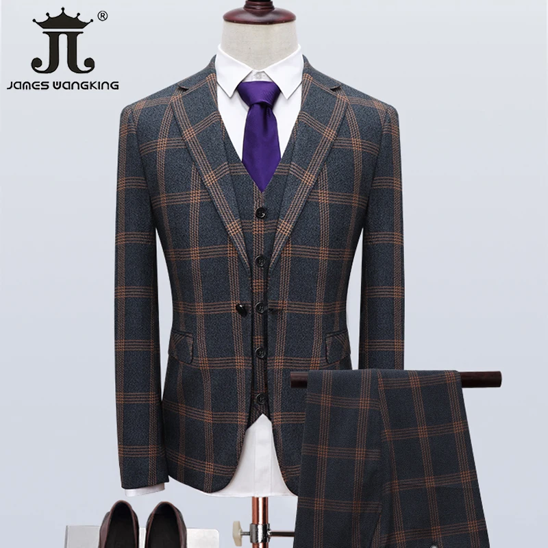 

(Jacket + Vest + Pants) Retro Plaid Suit Men's British Style Tuxedo Groom Wedding Dress Business Formal Work Clothes 3-piece Set