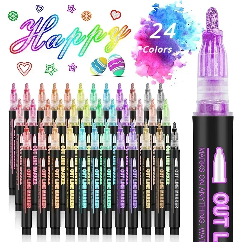 24 Color Double Line Outline Art Pen Marker Pen DIY Graffiti Outline Marker Pen Highlighter Scrapbook Diary Poster Card