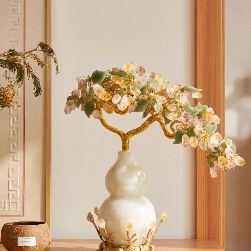 Chinese jade Fulu gourd golden branches and jade leaves office creative entrance ornament