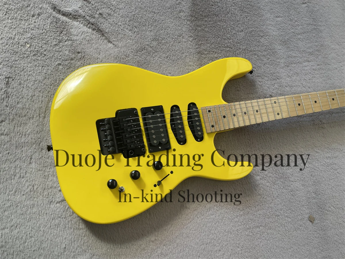 Yellow electric Guitar Solid Guitar SSH pickup Trills Bridge Black Tuner Maple Frets 24 Frets support customization