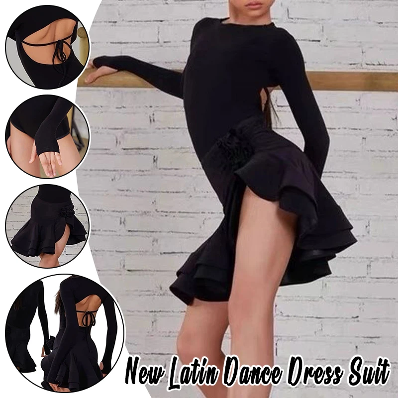 Ensemble de 2 pièces Costume de danse latine noir justaucorps de danse dos nu et jupe latine-pour 140-180 cm filles/femmes Rumba Samba danse latine