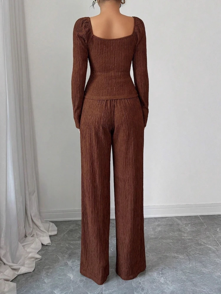 New Fashion Women Pants Sets Knit Texture Solid Color Square Collar Long Sleeve Two-Piece Sets Elegant Commuting Profession Suit