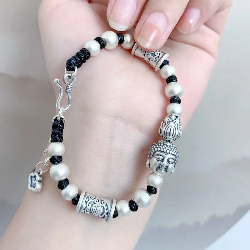 Rotating Fu Character Bracelet with Ethnic Buddha Pendant Handcrafted Adjustable Closure Lucky Charm Spiritual Jewelry Gift
