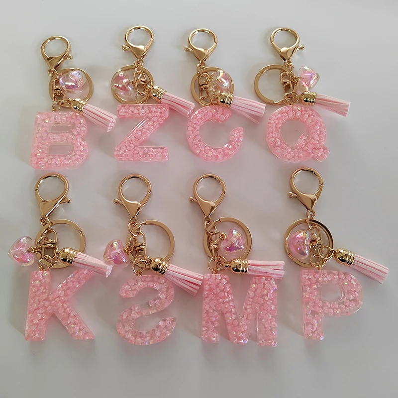 Pink A-Z Shiny Sequin Letter Pendant Keychain Tassel Star Ball Charms Keyrings Women Bag Ornaments Car Trinket Accessories