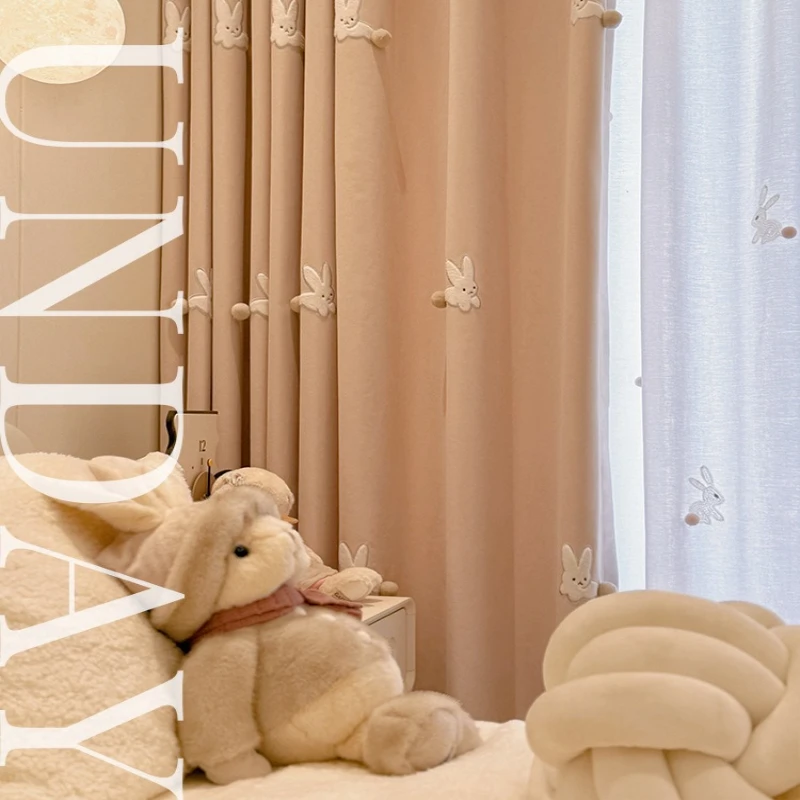 Custom Size Cream Style Embroidery Cartoon Cute Rabbit Children's Room Fur Ball Princess Light Pink Chenille Curtains Window