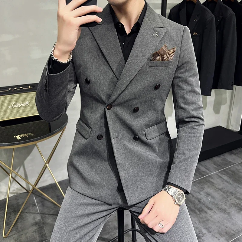 

New S-7XL (Blazer + Trousers) Men's Suit Fashion Single and Double Breasted Italian Style Slim Wedding Dress Men's 2 Piece Set