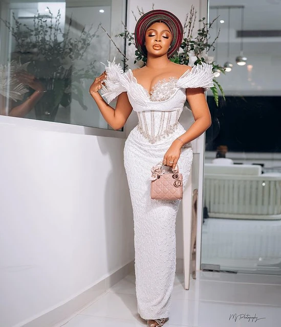Robe Formelle Blanche en Dentelle Perlee pour Patients Africains Magnifique Tenue de Reception de Mariage Personnalisee avec Mancherons Style Aso Ebi AliExpress
