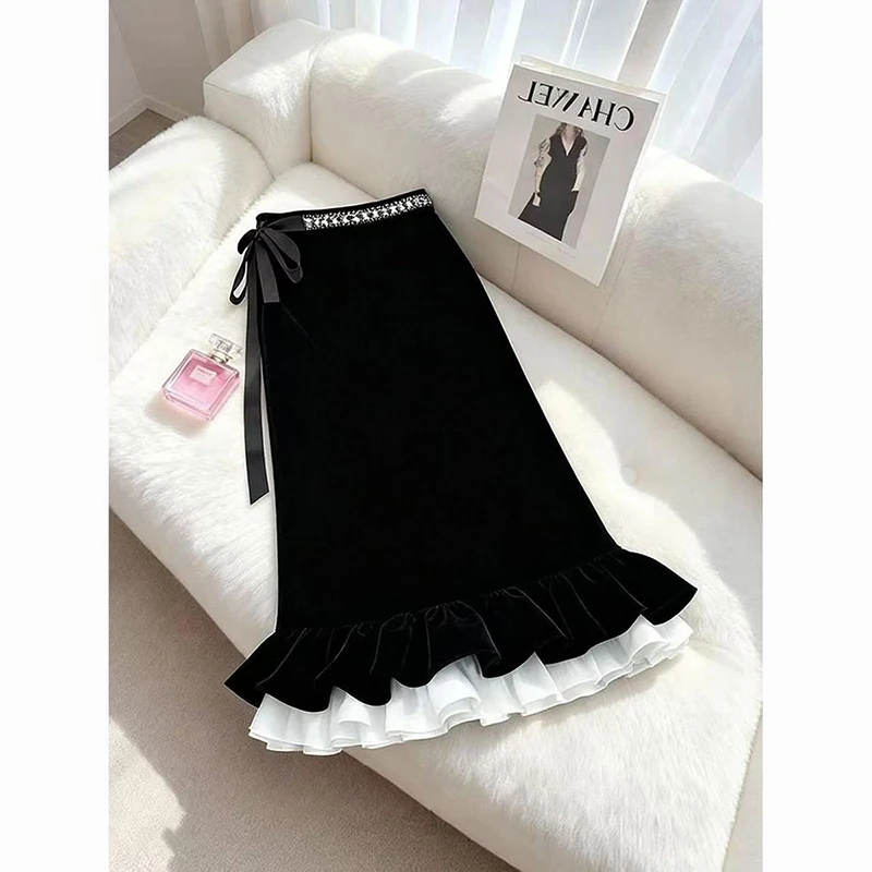 Vintage Black Velvet Midi Skirt Women Elegant Ruffles Bow Lace Up Mermaid Skirts Winter Ladies Korean Patchwork Trumpet Faldas