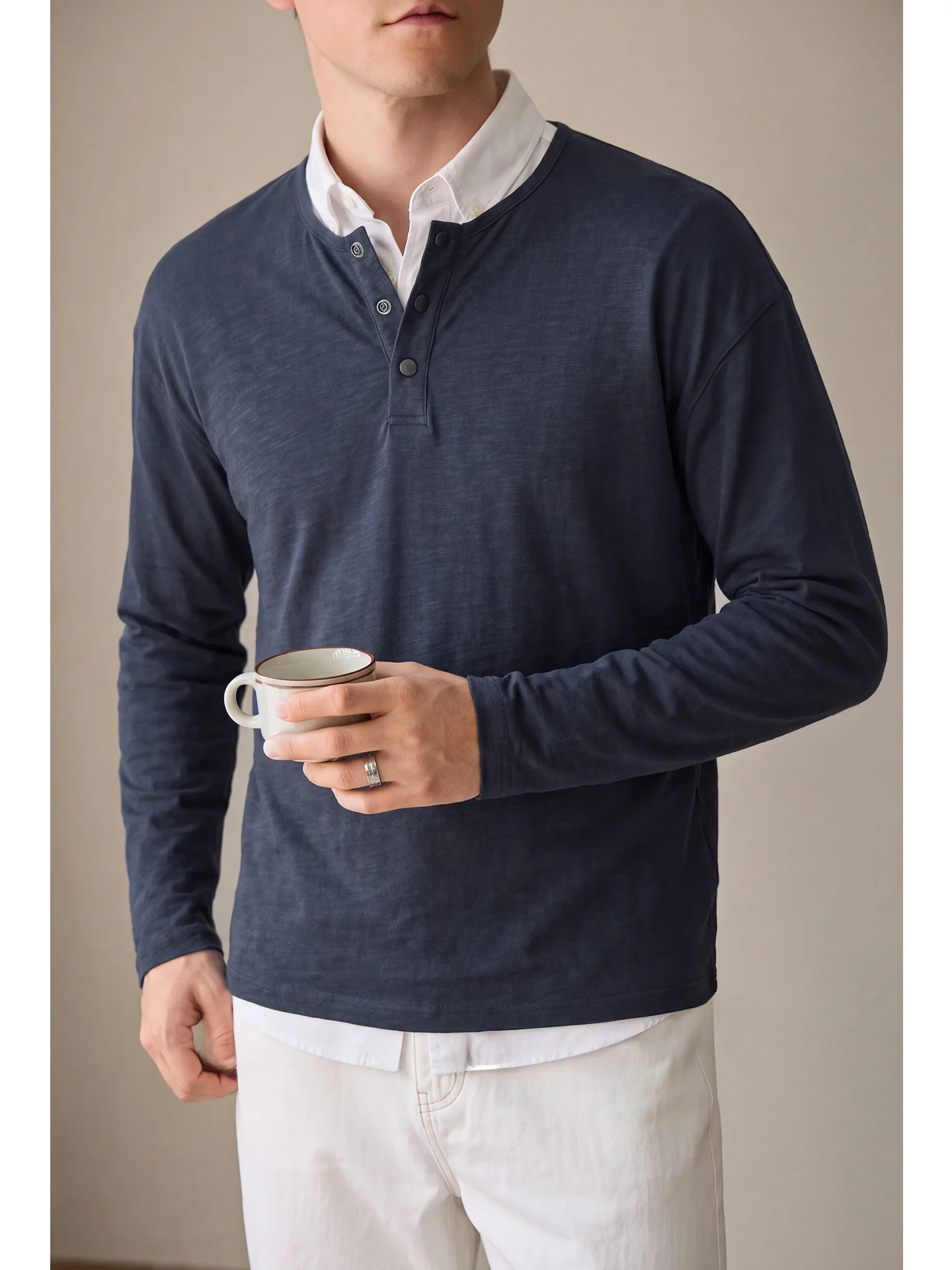Cleanfit Men's Long Sleeve T-Shirt Bamboo Cotton Casual Henry Collar Top Fashionable Urban Style Comfortable Breathable Cotton