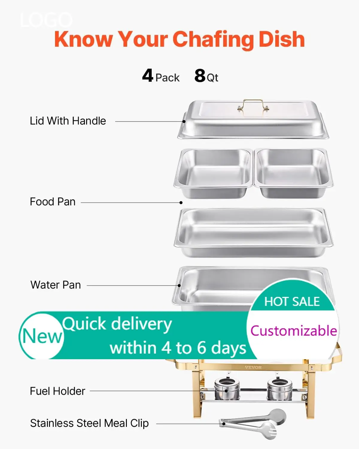 Chafing Dish Buffet Set, 8 Qt 4 Pack, Stainless Steel Chafer with 2 Full Size and 4 Half Size Pans, Rectangle Catering Warmer