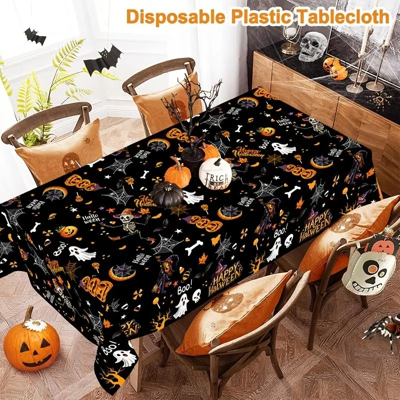 VIKAMA Halloween Reusable Tablecloth Witch Bat Skull Ghost Art Print Table Cover Spooky Theme Party Table Decoration