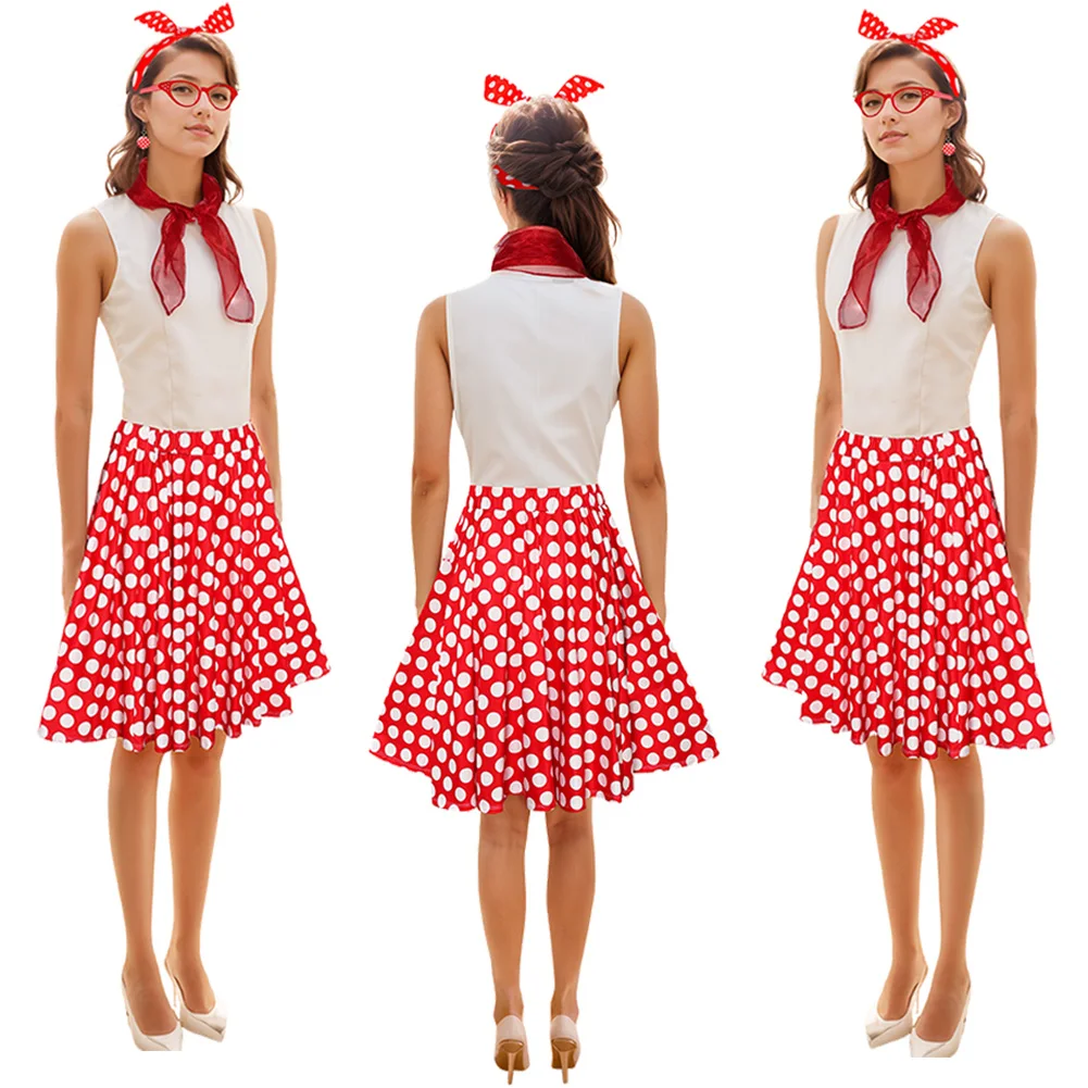 Groothandel 6 Stks/set 1950's Lady Cosplay Rollenspel Bril Oorbellen Rode Polka Dot Rok Kleding Retro Vintage Kostuum Vrouwen