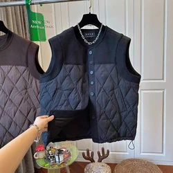 Woolen Patchwork Vest For Women Autumn Winter O-Neck Casual Sleeveless Jacket Black Single Breasted Thicken Warm Waistcoat
