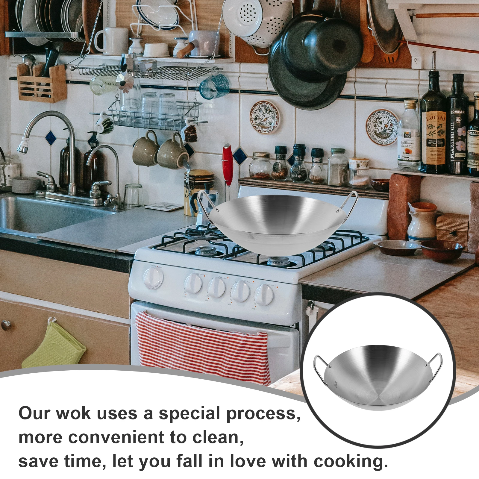 

Stainless Steel Wok 30cm Double Ear Fry Pan Kitchen Utensil Nonstick Pancake Pans Even Heat Retaining Easy Clean Cooking