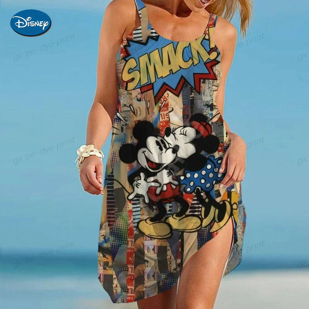 Disney Minnie Mickey Mouse Print Beach Dress Women's Casual Loose Tank A-Line Sundress Pullover Sleeveless Basic Daily Dress