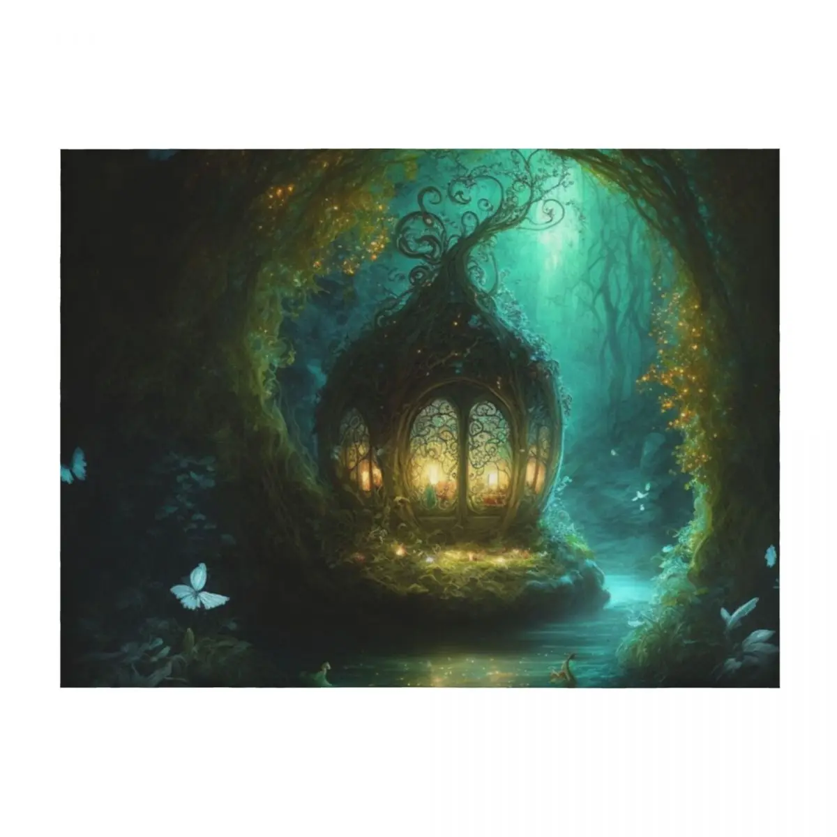 Manta de hada encantada en un río mágico en un bosque de cuento de hadas, hermosas, siesta, camas suaves, mantas de sofás de moda