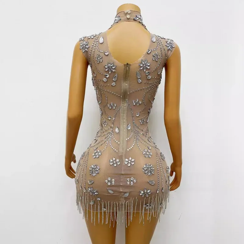 Buttocks Short Skirt Sleeveless Full Diamond Pattern Fringe Perspective Stage Evening Party Dress White Dresses With Rhinestones