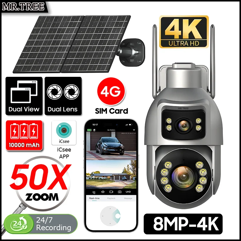 

4K двойной экран AOV солнечная камера 50-кратный зум 4G SIM домашнее наружное наблюдение 10MP 24/7 запись автоматическое отслеживание безопасности CCTV IP-камера