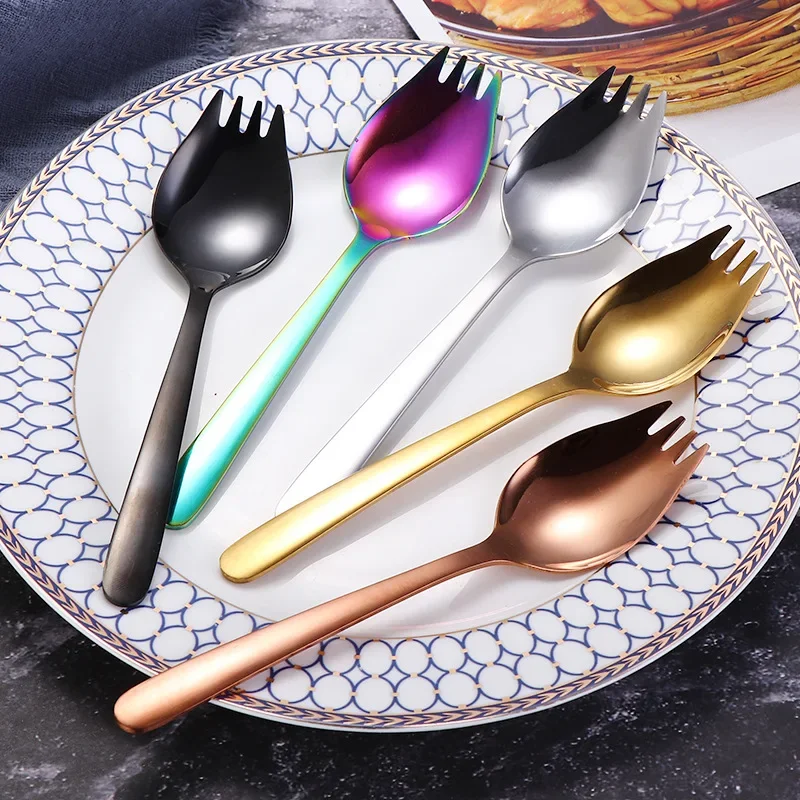 Fruit Fork Spoon Stainless Steel Ice Cream Salad Dessert Tableware Cake Snack Salad Fork Spoon 2 In 1 Colorful Bento Accessories