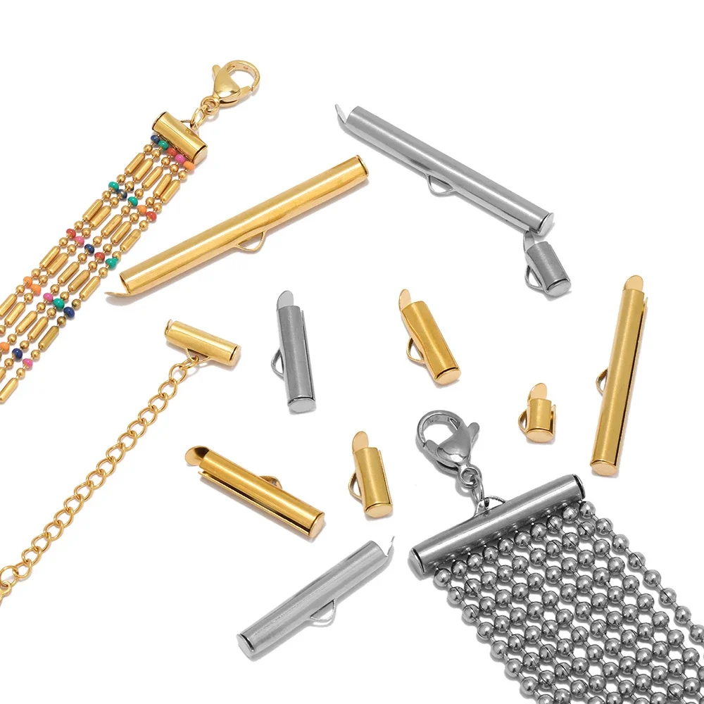 20pcs No Fade Buckles Tubes Connectors Stainless Steel Gold Crimp End Caps Slider Clasp for DIY Bracelet Jewelry Necklace Making