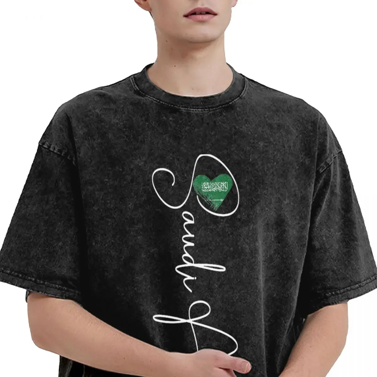 I Love Saudi Arabia Flag Heart Washed T Shirt Streetwear Hip HopTees Cotton Oversize Graphic Printed