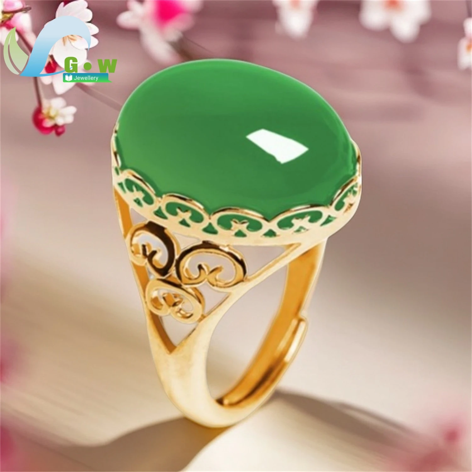 Vietnamese Sand Gold Faux Chrysoprase Red Agate Ring For Women Adjustable Open Vintage Statement Jewelry Luxury Large Gemstone