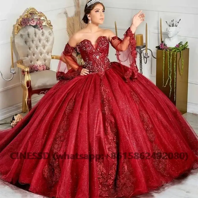 

Burgundy Glitter Quinceanera Dresses for Sweet 16 Year Girl Ball Gown Puffy with Detachable Sleeve Lace Appliques Dress