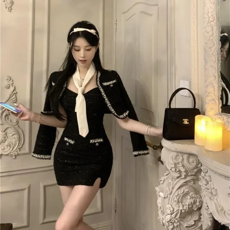 Temperament Spicy Girl Hanging Hip Wrap Dress Coat Two Piece Set Women Diamond Tie Celebrity Black Slim Banquet Female Dressing