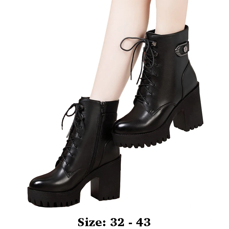 

High quality short ankle cowhide leather boots for women 8CM 10cm high heel new 2025 32 33 34 autumn winter elegant shoe black