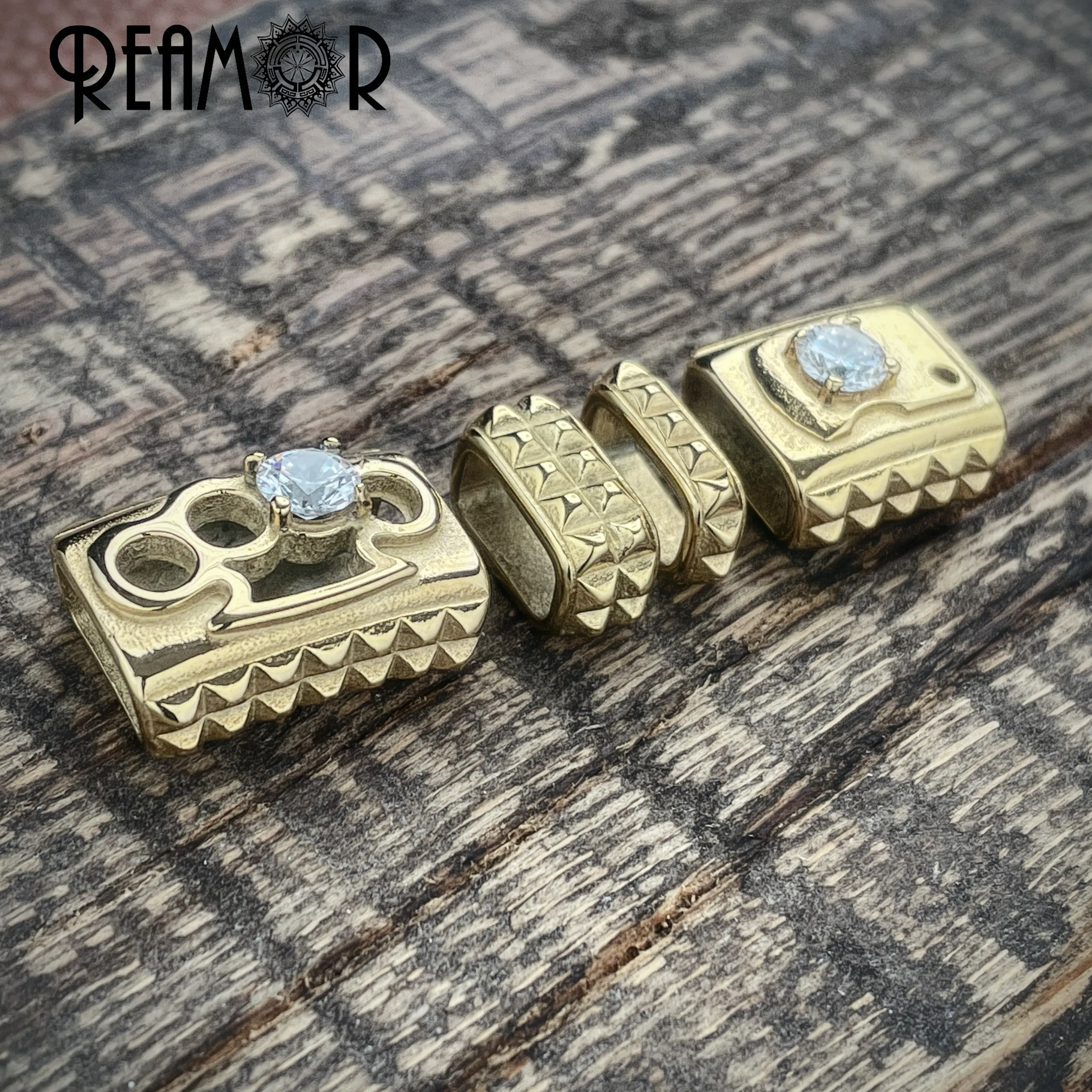 REAMOR 2PCS Stainless Steel EDC Brass Knuckles Beads Inlay Zircon 10*5mm Rivet Slider Beads For DIY Bracelet Jewelry Making