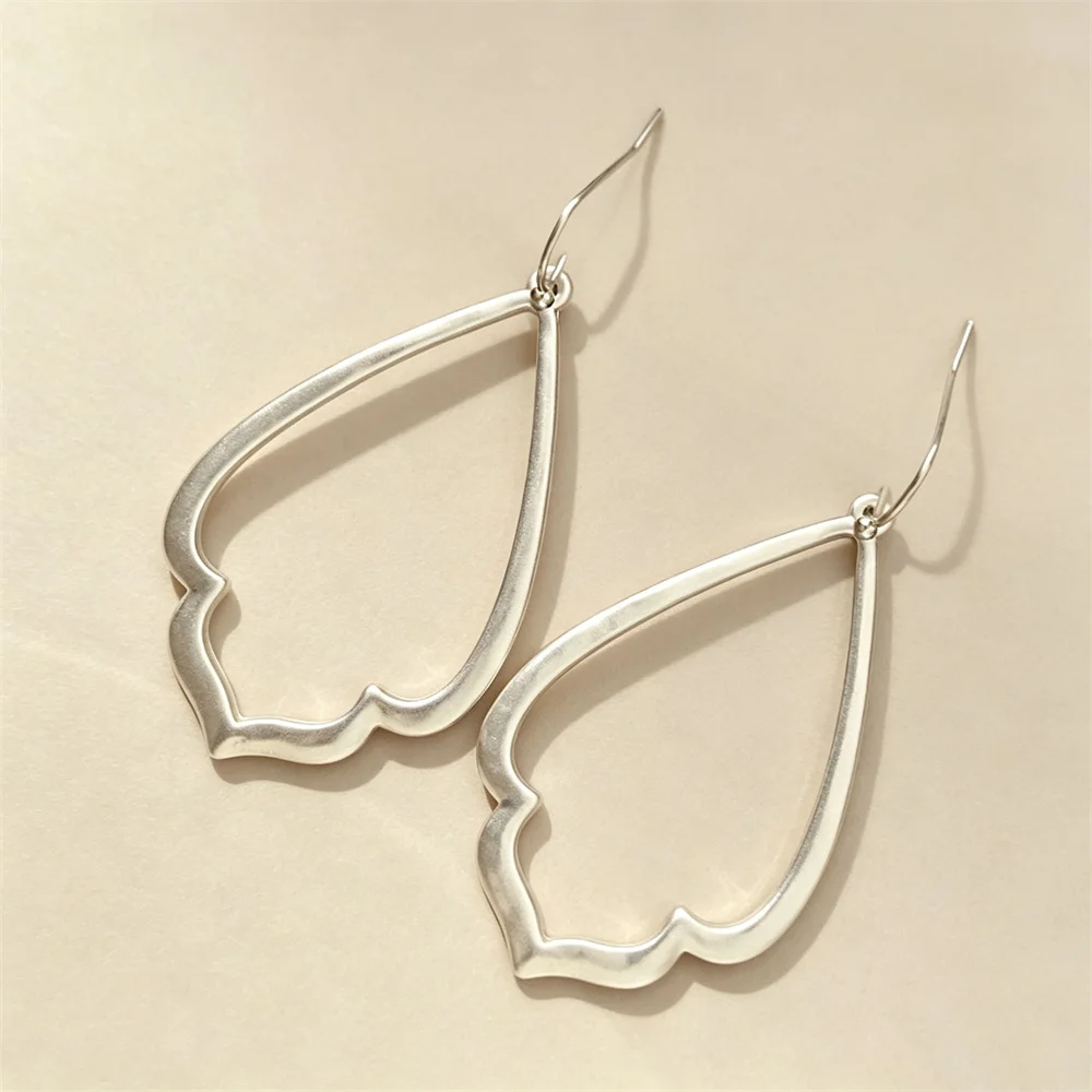 Gold Silver Two-Tone Hollow Teardrop Petal Dangle Earrings Wavy Double Edge Open Frame Long Hook Earrings for Women