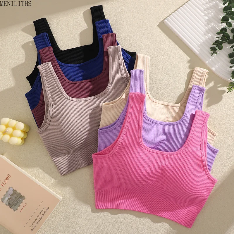 4Pcs/Set Seamless Yoga Gym Tank For Women Solid Color Ribbed Removable Chest Pad Workout Vest Female High Strength Sport Bra New
