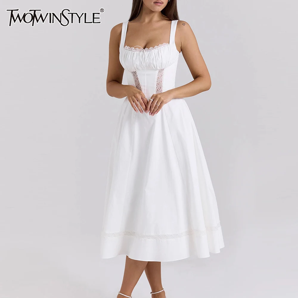 

TWOTWINSTYLE Solid Slimming Hollow Out Spliced Lace Minimalist Dresses for Women Square Neck Sleeveless Elegant Dress Female New