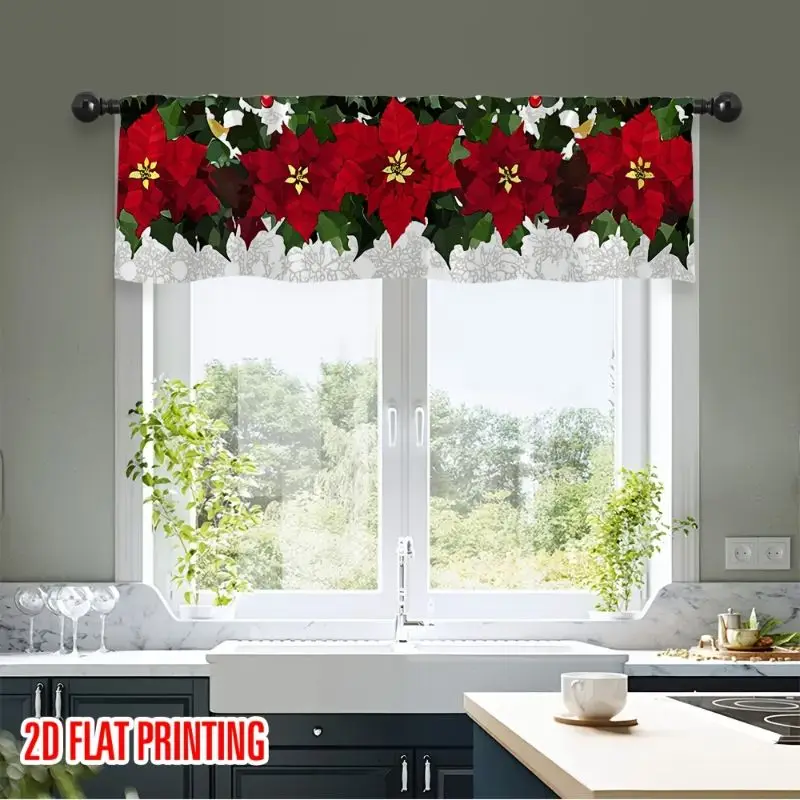 VIKAMA Dark Green Poinsettia White Lace Border Christmas Short Window Curtain Elegant Floral Classic Holiday Festive Home Decor