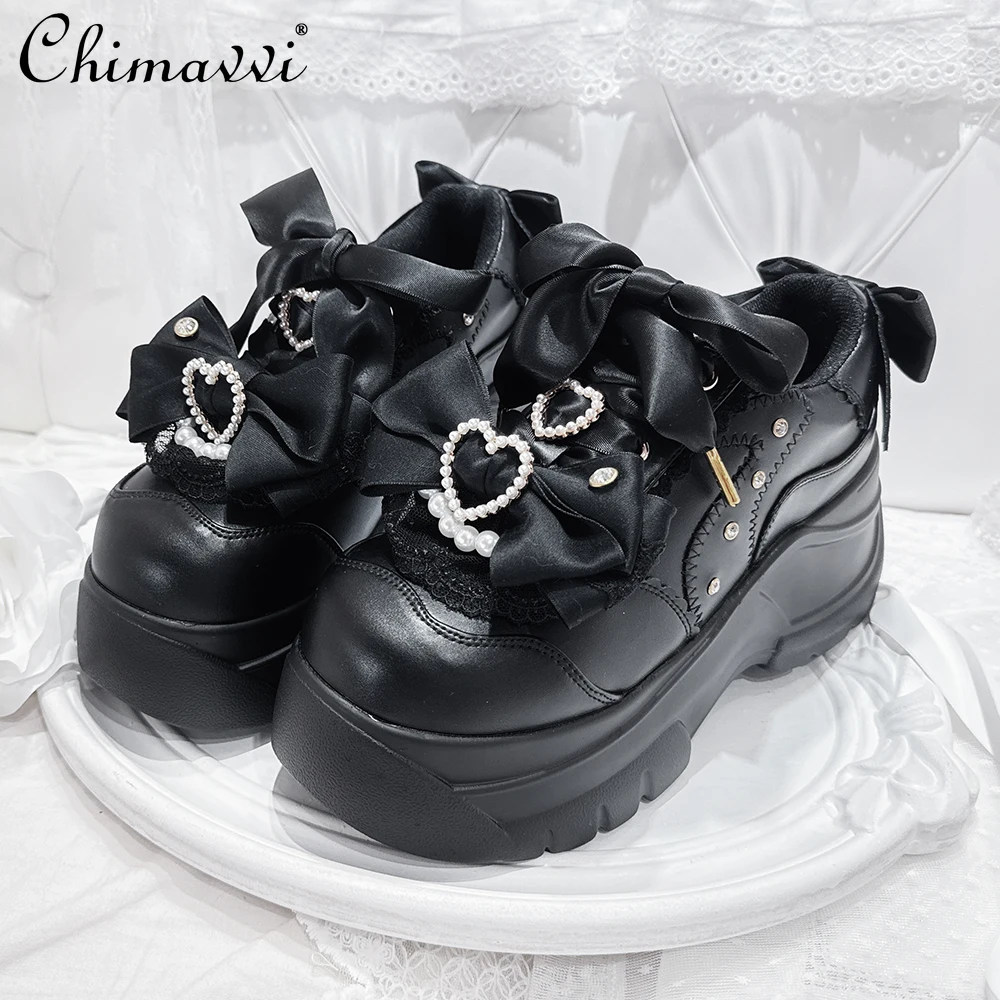 Zapatos de suela gruesa de boca profunda japoneses originales, zapatos de plataforma, otoño, nuevo, dulce lazo, perla, linda chica, zapatillas informales elegantes
