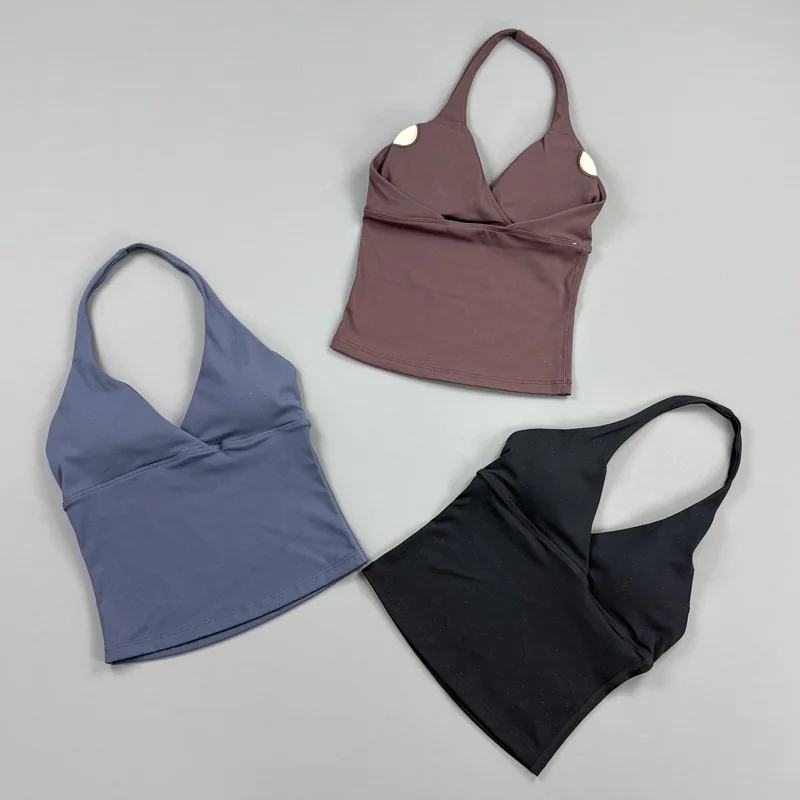 Sports Halter Top Women V Neck Tank Top Gym Quick Dry Vest Slim Fit Yoga Tank Top Removable Pad Running Pilates Workout Vest