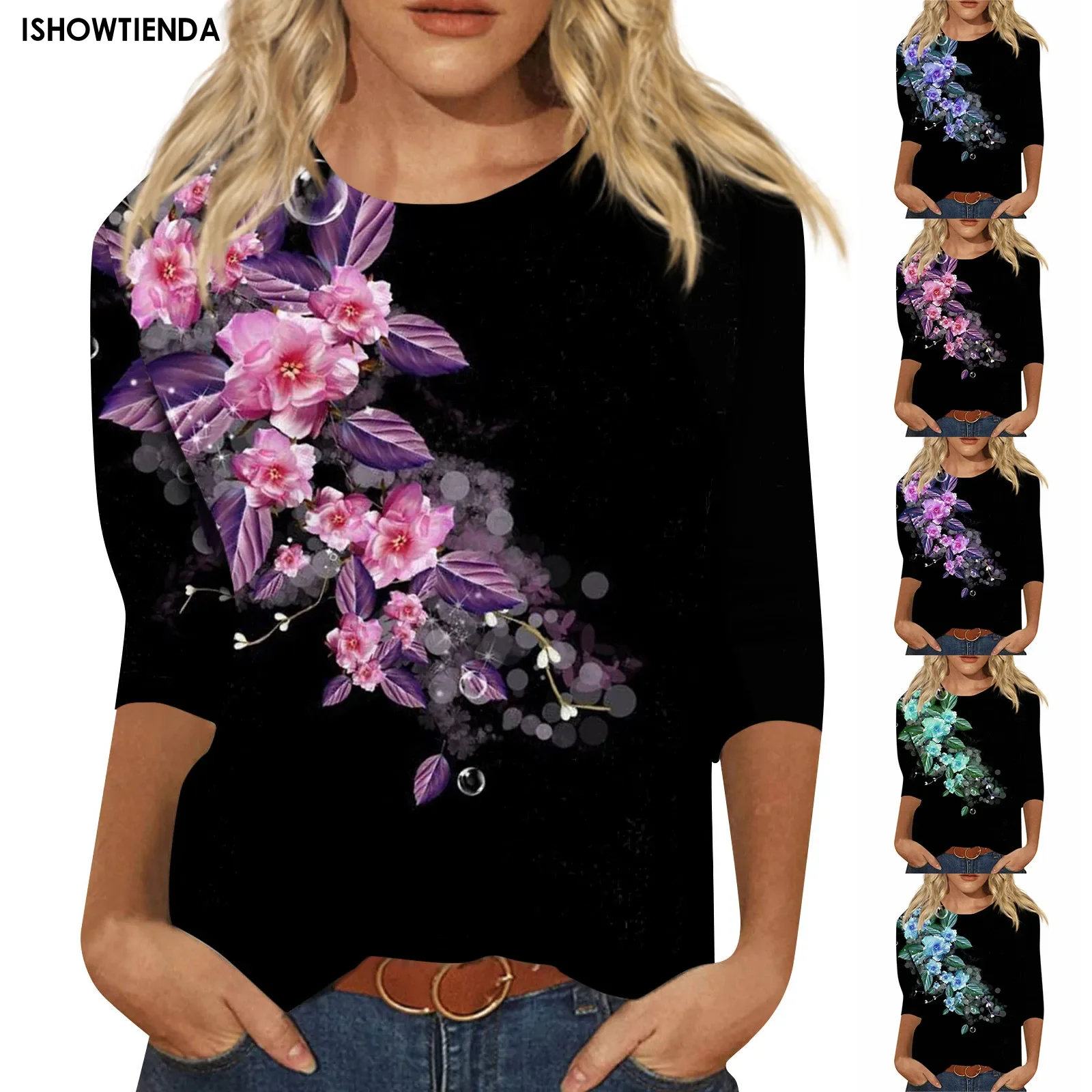 Summer Women T-shirt Small Flower Pattern Print Long Sleeve Casual Weekend Flower Painting Round Neck Seven Sleeve Plus Size Top