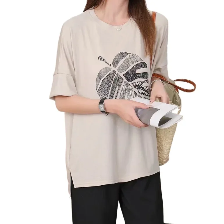 women loose mother cotton tops summer casual tees printed leaf t shirts