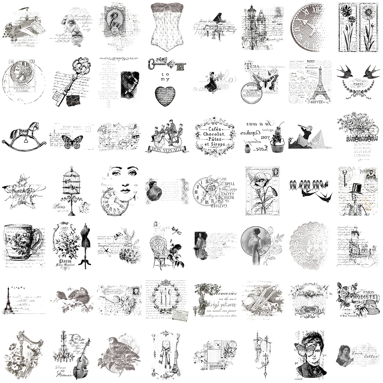 สติกเกอร์วินเทจ PET ใส สีดำ สีขาว ลายการ์ตูน 58/116 ชิ้น สำหรับตกแต่งแล็ปท็อป ตู้เย็น โทรศัพท์ สมุดภาพ