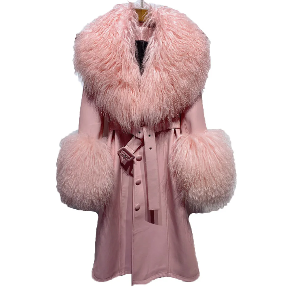 

Denny&Dora Baby Pink Plus Size Women Genuine Leather Trench Coat With Mongolia Sheep Fur Collar