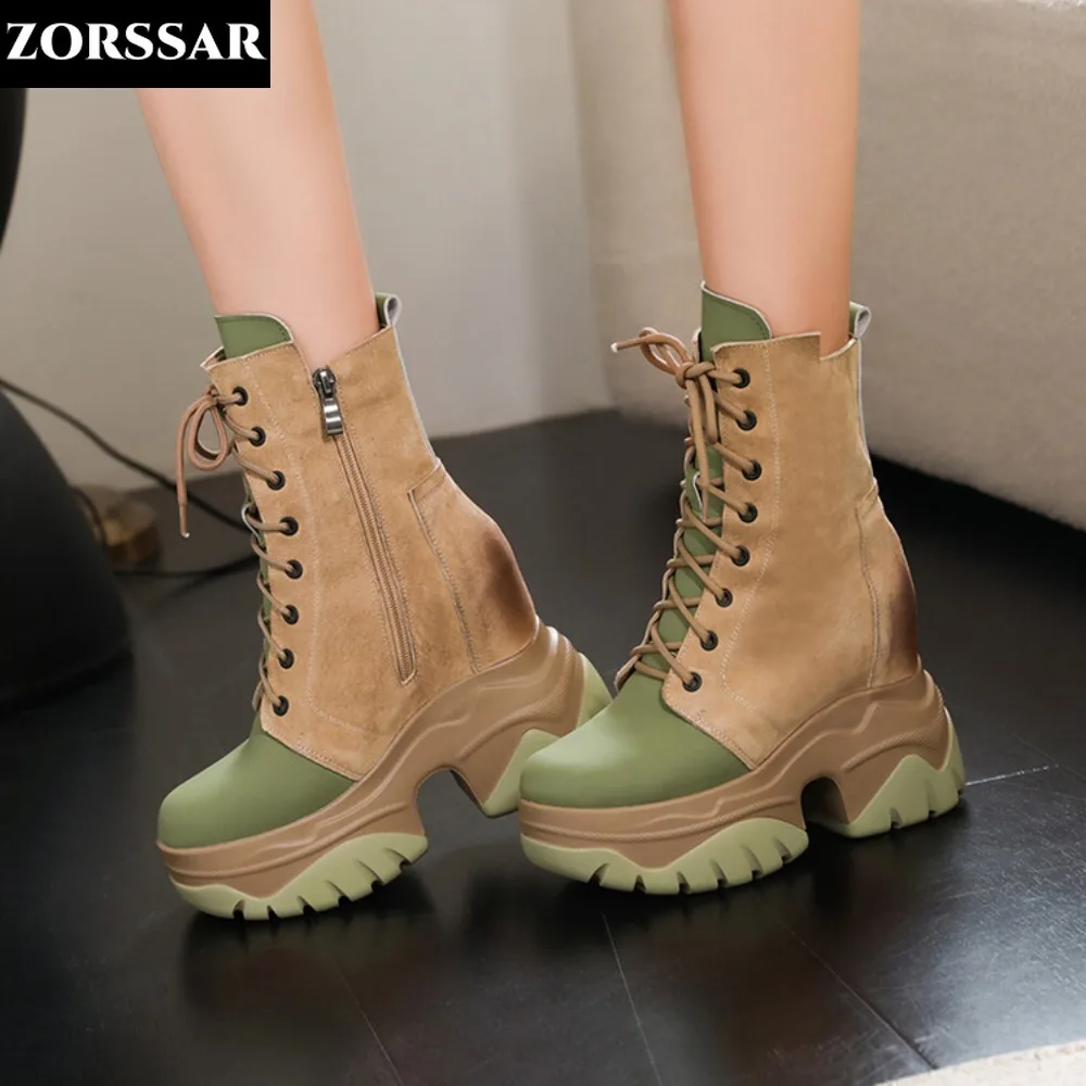 

Women's Ankle Boots Real Cow Leather Chunky Shoes Woman Platform Height Increased Sneakers 12CM Thick Soled Wedges Green Boots