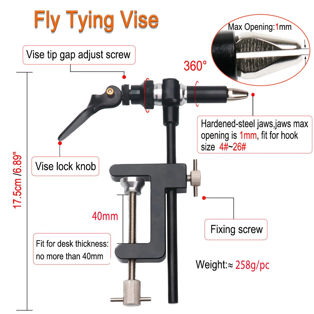 Vtwins  Fly Tying Vise Tool C-clamp Tying Vise Steel Hardened Jaw Rotating Whip Finsher Bobbin Holder Threader Brush Tool Tackle