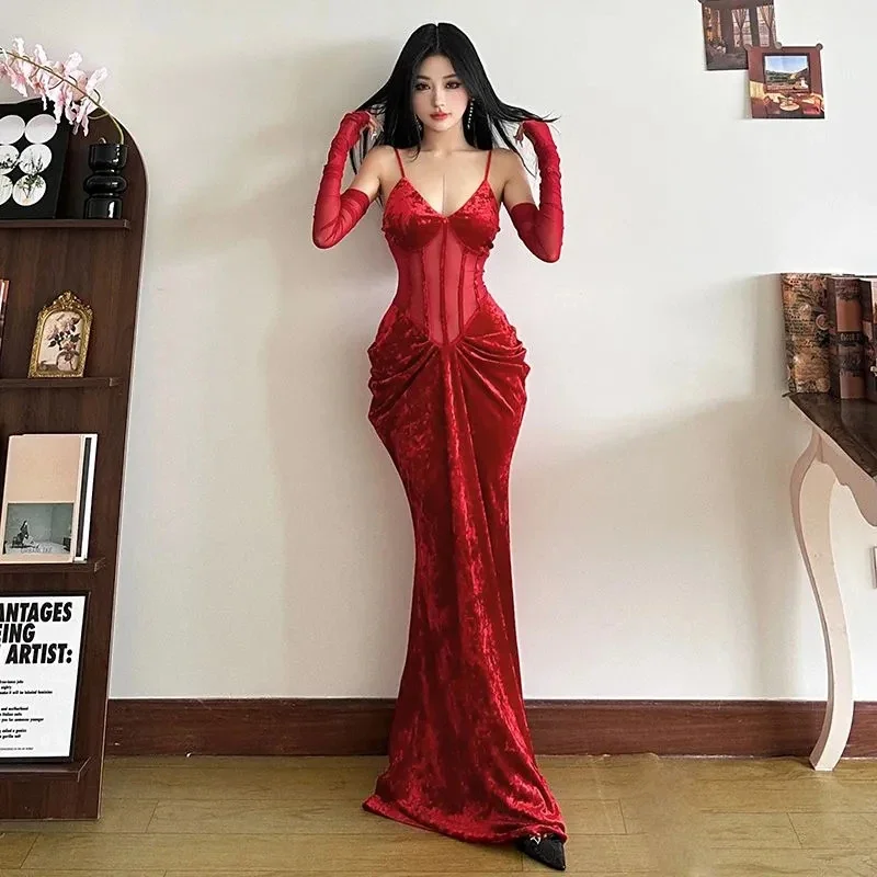 Fashion Velvet Women Camis Dress Y2K Sexy Slim Spaghetti Straps All Match Midi Dress Korean Chic Pleats Party Club Long Dress