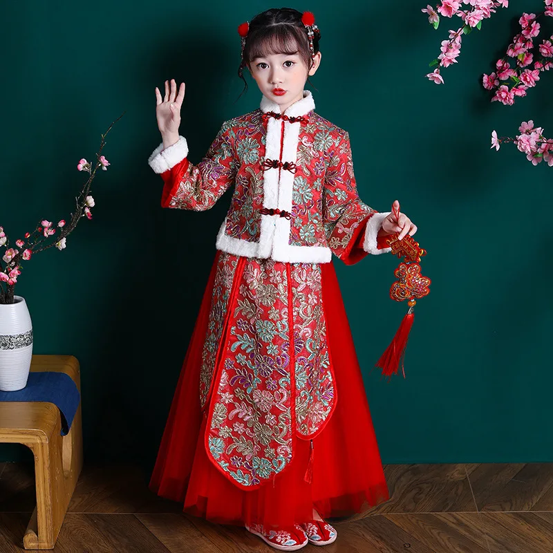 Meisjes Hanfu Nieuwe Jaar Kinderkleding Warm Cheongsam Chinese Tang Pak Kid Winter Plus Fluwelen Leuke Borduren Party jurk