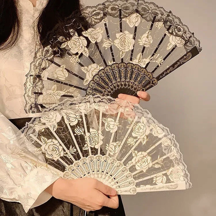 1 Set Black White Gauze Folding Fan with Rose Lace and Tassel Pendant, Elegant Photo Prop for Weddings, Parties and Events Decor