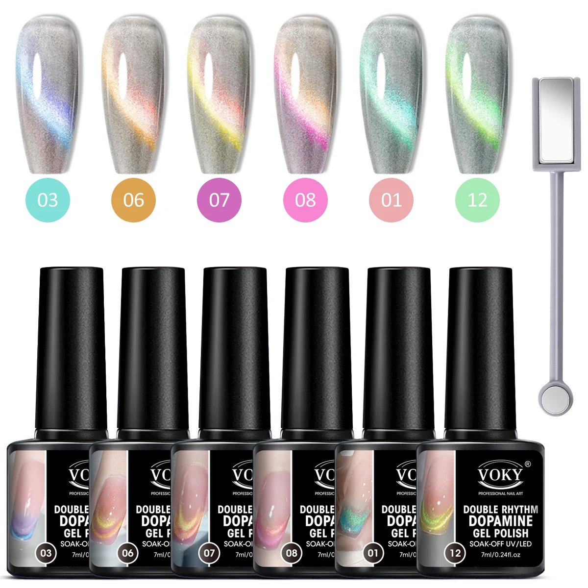 

VOKY 6 PCS Double Color Cat Eye Gel Nails Polish + Magnet - Hypoallergenic, suitable for home DIY manicures and salon use
