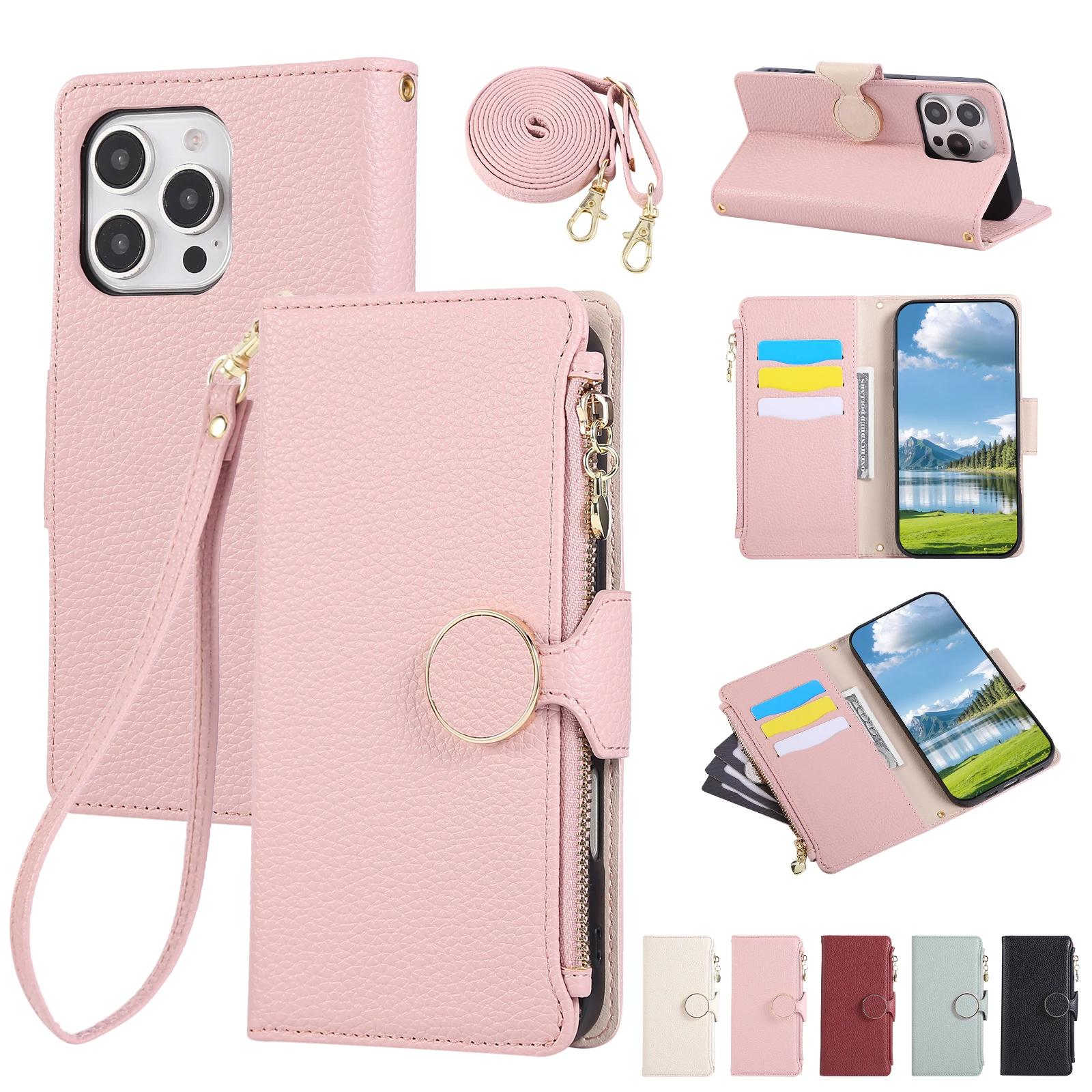 Wrist Strap Zipper Case For OPPO Realme P3 Pro Note 60 Narzo 50 N53 GT 6T Neo 7X 6SE 6 5 Crossbody Multi 3 Cards Leather Cover