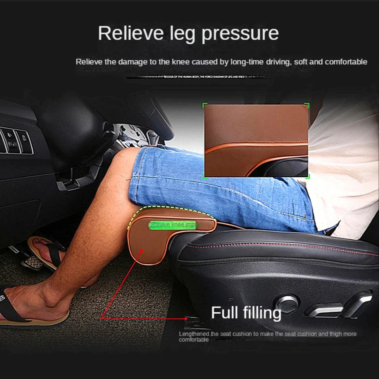 Leather Car Seat Extender Cushion Leg Support Pillow Memory Foam Knee Pad Long-Distance Driving Office  Driver Protector Mat